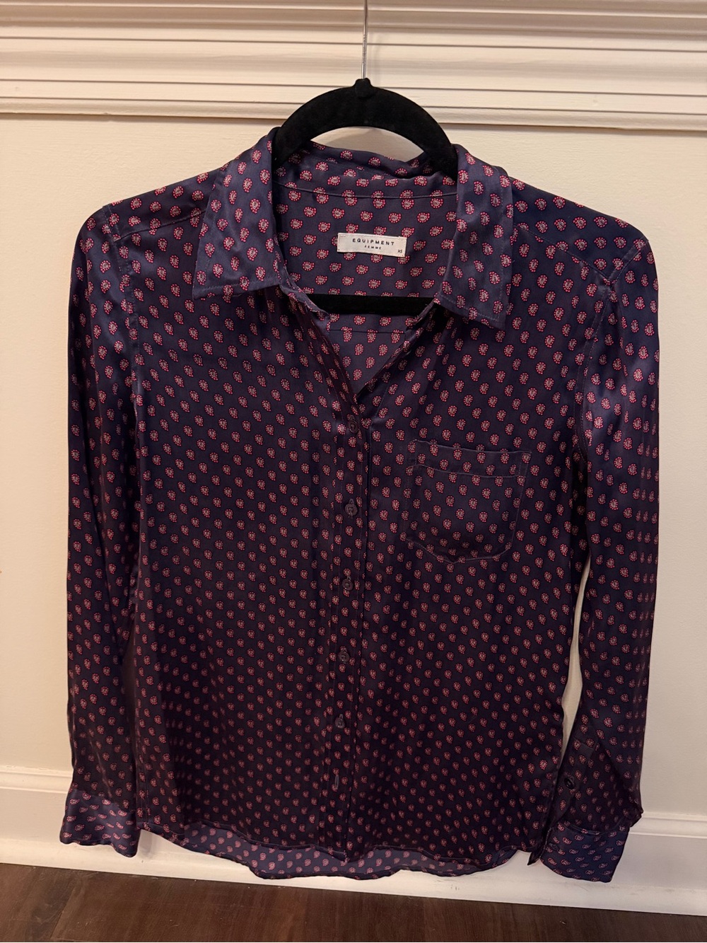 Equipment Navy Blue Button-Down Shirt with Pink Paisley Print XS